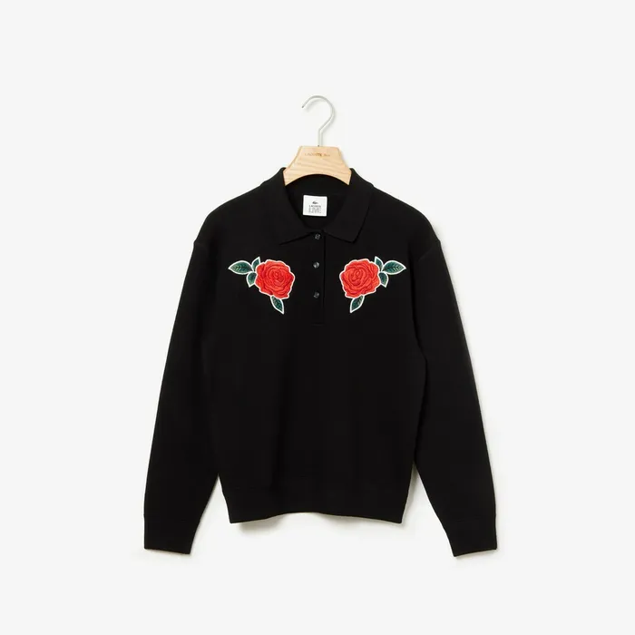 Sweaters and Sweatshirts Lacoste Womens LIVE RoseEmbroidered Cropped Sweater Black Shop Online