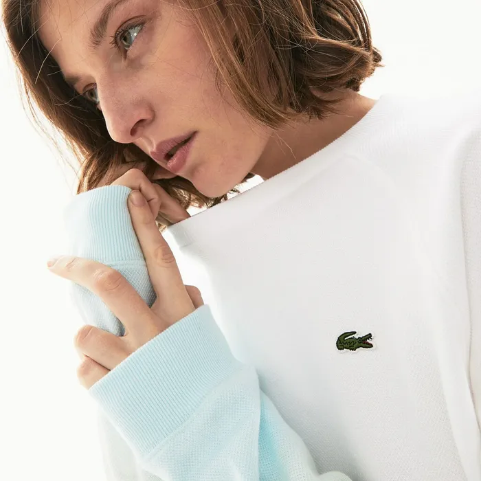 Sweaters and Sweatshirts Lacoste Womens Made in France Crew Neck Organic Cotton Sweatshirt TurquoiseLight GreenWhite Outlet