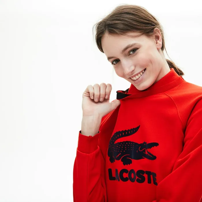 Sweaters and Sweatshirts Lacoste Womens Printed Fleece Sweatshirt RedNavy Blue Popular