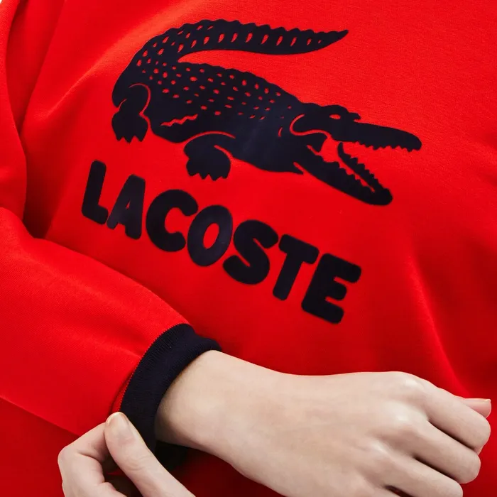 Sweaters and Sweatshirts Lacoste Womens Printed Fleece Sweatshirt RedNavy Blue Popular