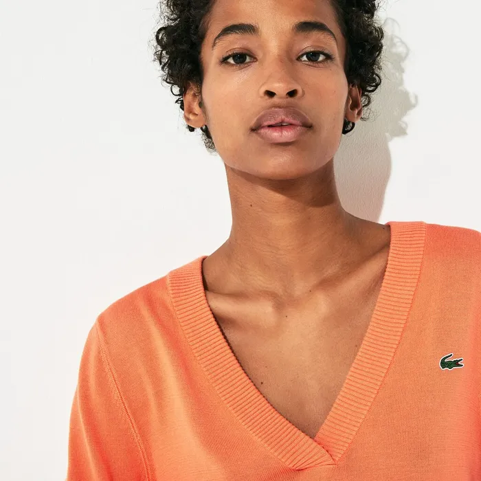 Sweaters and Sweatshirts Lacoste Womens SPORT Vneck Sweater Orange Cheap On Sale