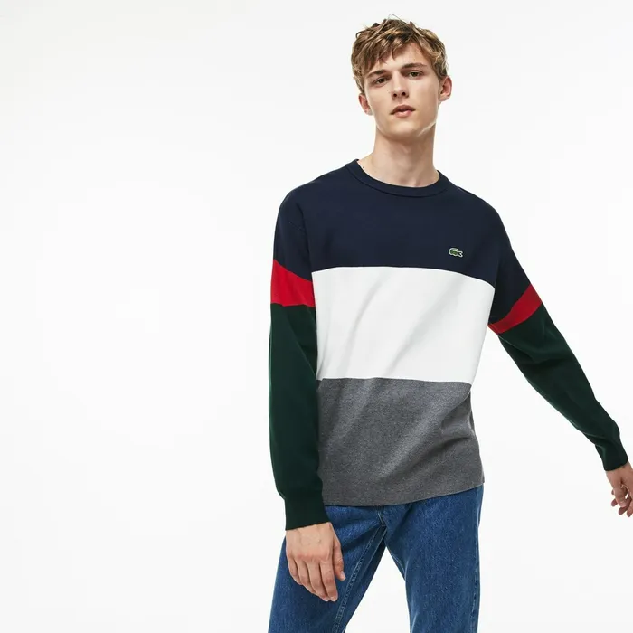 Sweaters Lacoste Mens Crew Neck Colorblock Flat Ribbed Cotton Sweater GreyWhiteBlueRedGreen Online Store Sweaters Lacoste Mens Crew Neck Colorblock Flat Ribbed Cotton Sweater GreyWhiteBlueRedGreen Online Store