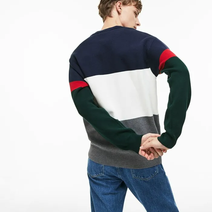 Sweaters Lacoste Mens Crew Neck Colorblock Flat Ribbed Cotton Sweater GreyWhiteBlueRedGreen Online Store