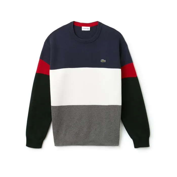 Sweaters Lacoste Mens Crew Neck Colorblock Flat Ribbed Cotton Sweater GreyWhiteBlueRedGreen Online Store