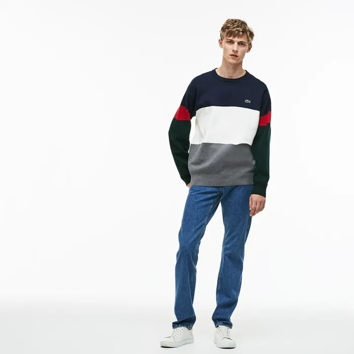 Sweaters Lacoste Mens Crew Neck Colorblock Flat Ribbed Cotton Sweater GreyWhiteBlueRedGreen Online Store