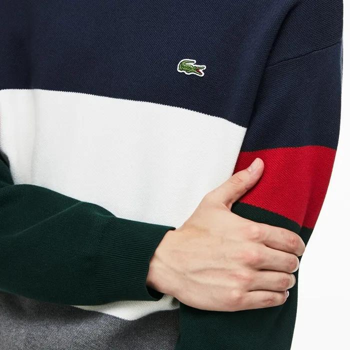 Sweaters Lacoste Mens Crew Neck Colorblock Flat Ribbed Cotton Sweater GreyWhiteBlueRedGreen Online Store