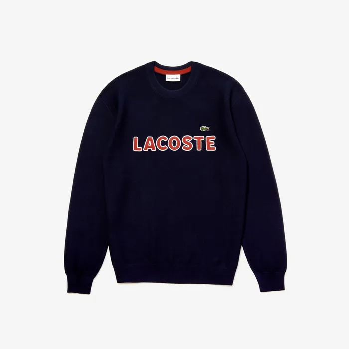 Sweaters Lacoste Mens Crew Neck Cotton Sweater Navy BlueBrown Gift for Friend