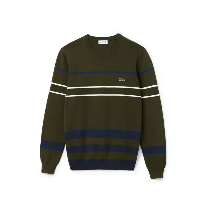 Sweaters Lacoste Mens Crew Neck Multicolor Striped Milano Cotton Sweater Khaki GreenBlueNavy BlueWhite Online