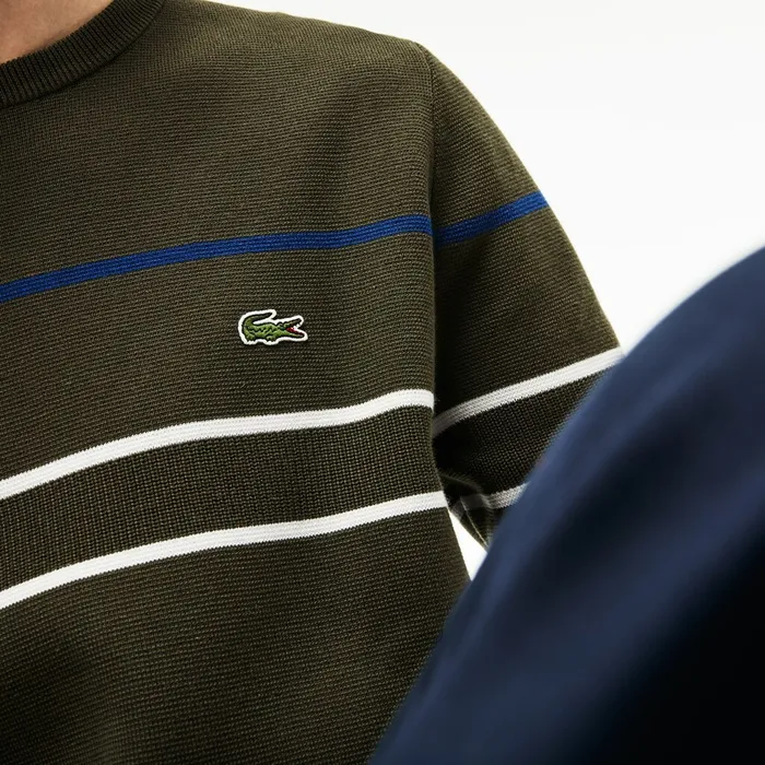 Sweaters Lacoste Mens Crew Neck Multicolor Striped Milano Cotton Sweater Khaki GreenBlueNavy BlueWhite Online