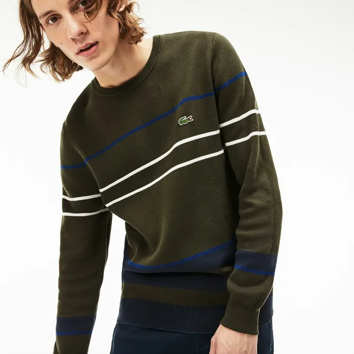Sweaters Lacoste Mens Crew Neck Multicolor Striped Milano Cotton Sweater Khaki GreenBlueNavy BlueWhite Online
