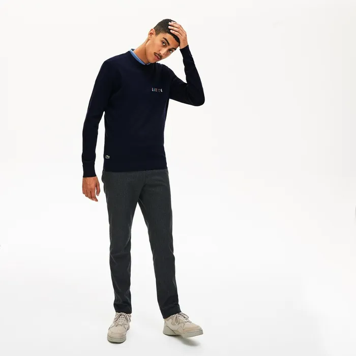 Sweaters Lacoste Mens Crewneck Embroidered Cotton Blend Sweater Navy Blue Popular