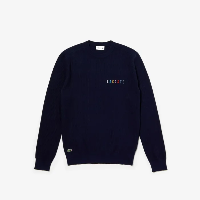 Sweaters Lacoste Mens Crewneck Embroidered Cotton Blend Sweater Navy Blue Popular