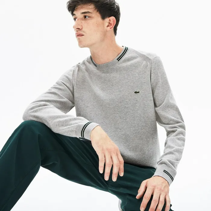 Sweaters Lacoste Mens Crewneck Mixed Stich And Striped Cotton Sweater Grey ChineGreenWhite Shop Sweaters Lacoste Mens Crewneck Mixed Stich And Striped Cotton Sweater Grey ChineGreenWhite Shop