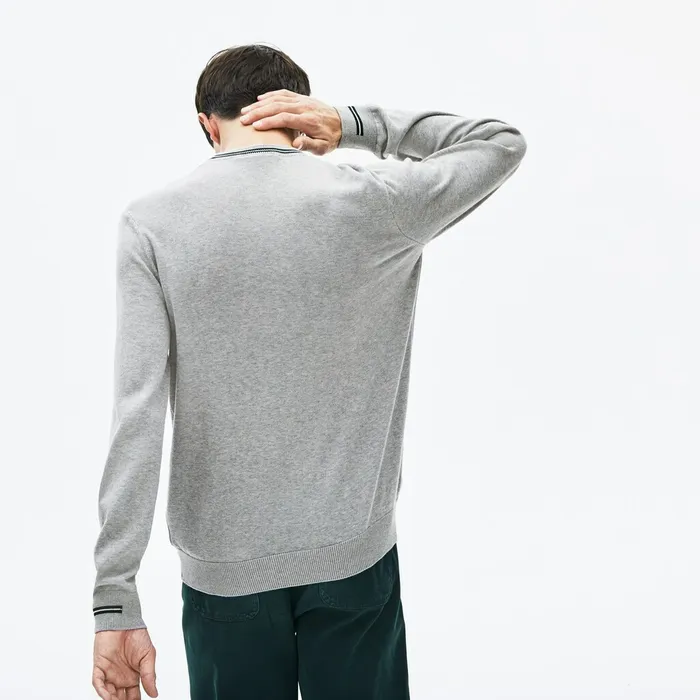 Sweaters Lacoste Mens Crewneck Mixed Stich And Striped Cotton Sweater Grey ChineGreenWhite Shop