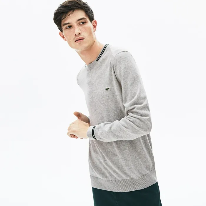 Sweaters Lacoste Mens Crewneck Mixed Stich And Striped Cotton Sweater Grey ChineGreenWhite Shop