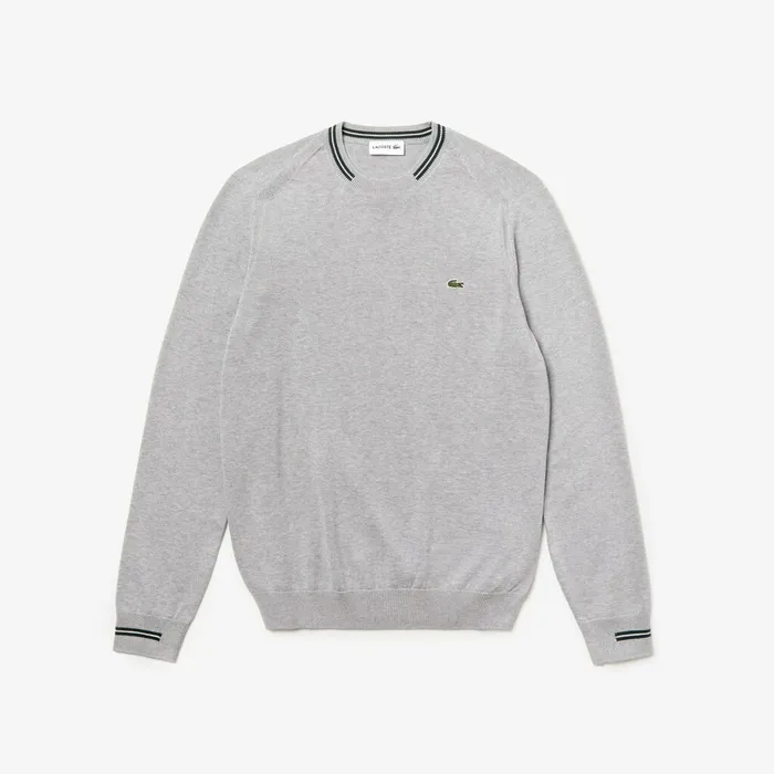 Sweaters Lacoste Mens Crewneck Mixed Stich And Striped Cotton Sweater Grey ChineGreenWhite Shop