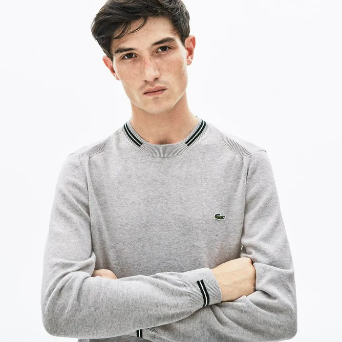 Sweaters Lacoste Mens Crewneck Mixed Stich And Striped Cotton Sweater Grey ChineGreenWhite Shop