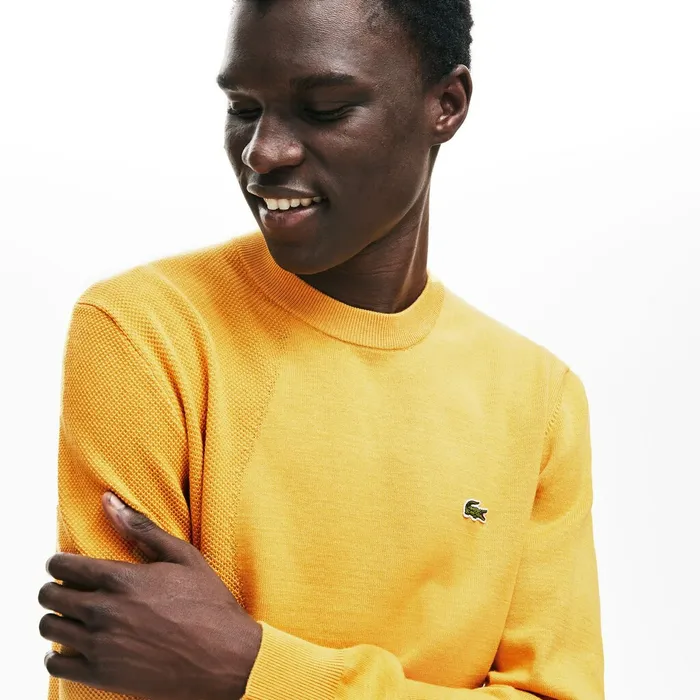 Sweaters Lacoste Mens Crewneck Textured Thermoregulating Sweater YellowNavy Blue Store Sweaters Lacoste Mens Crewneck Textured Thermoregulating Sweater YellowNavy Blue Store