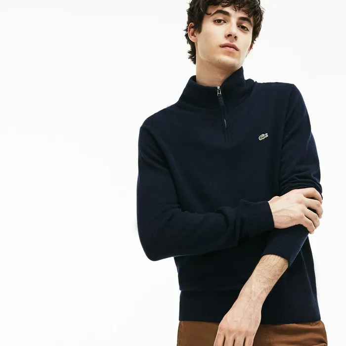 Sweaters Lacoste Mens StandupCollar Wool Sweater Navy BlueGreenWhite Near Me
