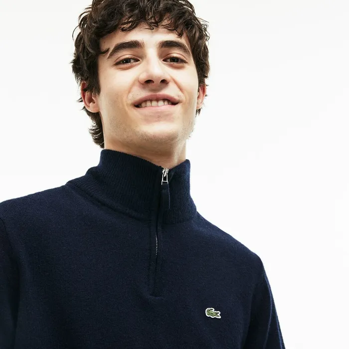 Sweaters Lacoste Mens StandupCollar Wool Sweater Navy BlueGreenWhite Near Me