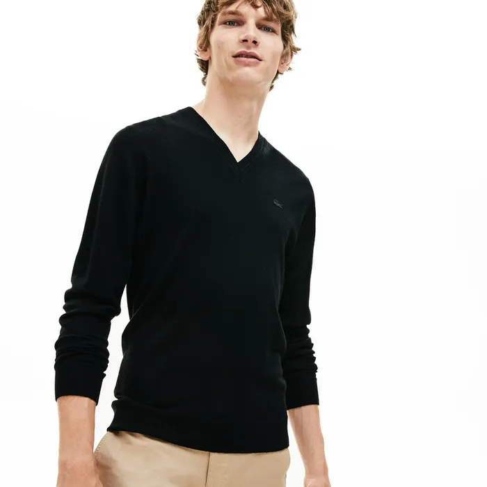 Sweaters Lacoste Mens Vneck Wool Jersey Sweater Black Gift for Friend