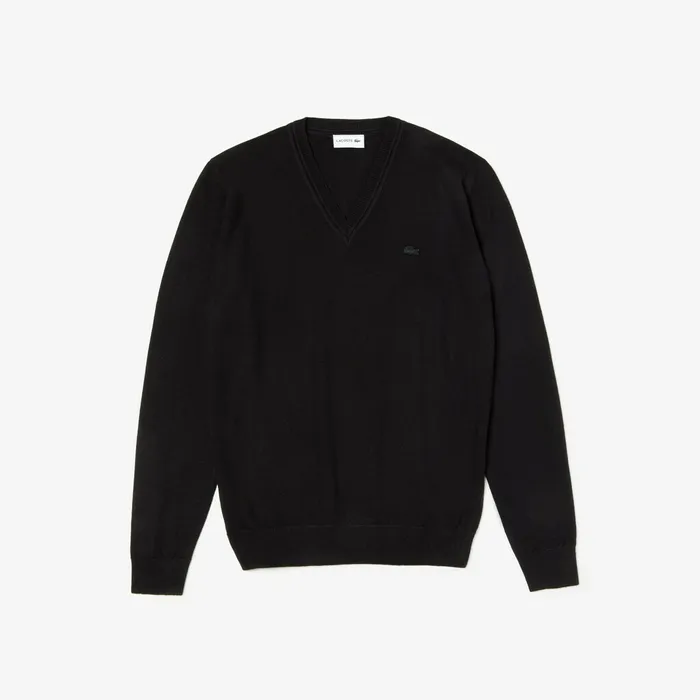Sweaters Lacoste Mens Vneck Wool Jersey Sweater Black Gift for Friend