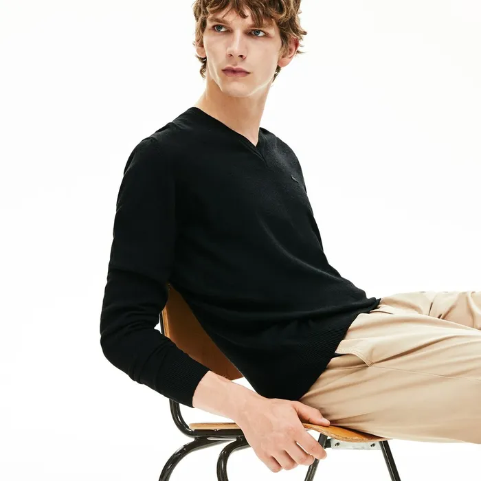 Sweaters Lacoste Mens Vneck Wool Jersey Sweater Black Gift for Friend