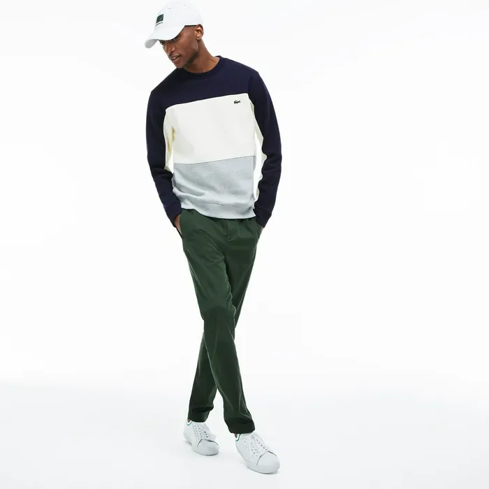 Sweatshirts Lacoste Mens Crew Neck Colorblock Piqu Fleece Sweatshirt Grey ChineWhiteNavy Blue Near Me