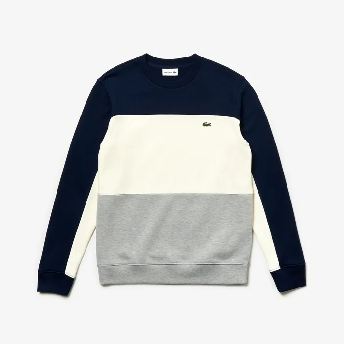 Sweatshirts Lacoste Mens Crew Neck Colorblock Piqu Fleece Sweatshirt Grey ChineWhiteNavy Blue Near Me