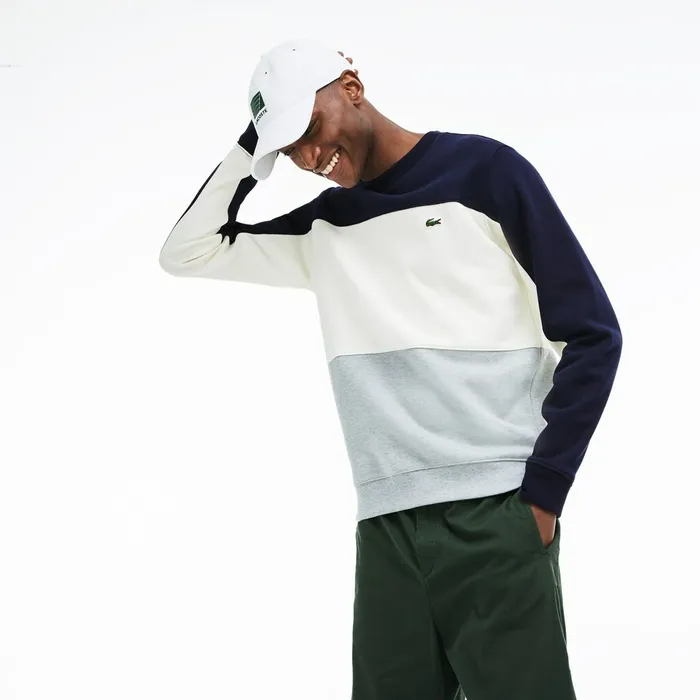 Sweatshirts Lacoste Mens Crew Neck Colorblock Piqu Fleece Sweatshirt Grey ChineWhiteNavy Blue Near Me
