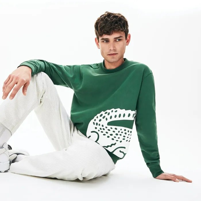Sweatshirts Lacoste Mens Oversize Croc Crew Neck Cotton Sweatshirt Green Near Me