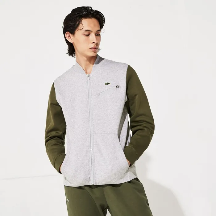 Sweatshirts Lacoste Mens SPORT ContrastSleeve Fleece Varsity Jacket Grey ChineKhaki GreenGrey Chine Shop Online Sweatshirts Lacoste Mens SPORT ContrastSleeve Fleece Varsity Jacket Grey ChineKhaki GreenGrey Chine Shop Online