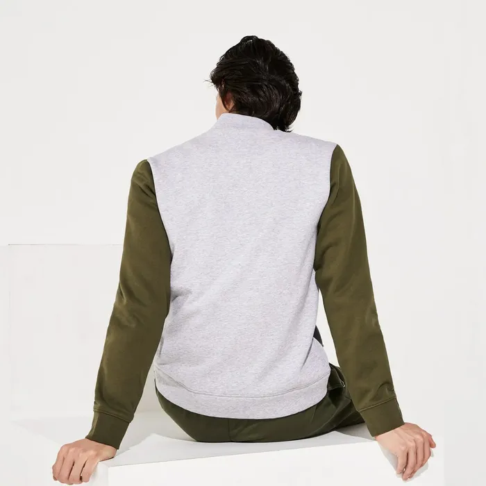 Sweatshirts Lacoste Mens SPORT ContrastSleeve Fleece Varsity Jacket Grey ChineKhaki GreenGrey Chine Shop Online