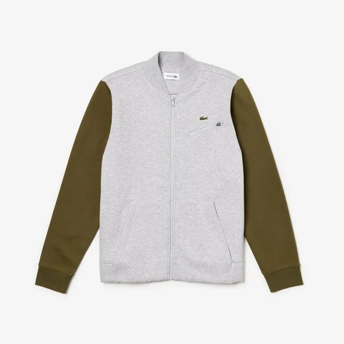 Sweatshirts Lacoste Mens SPORT ContrastSleeve Fleece Varsity Jacket Grey ChineKhaki GreenGrey Chine Shop Online