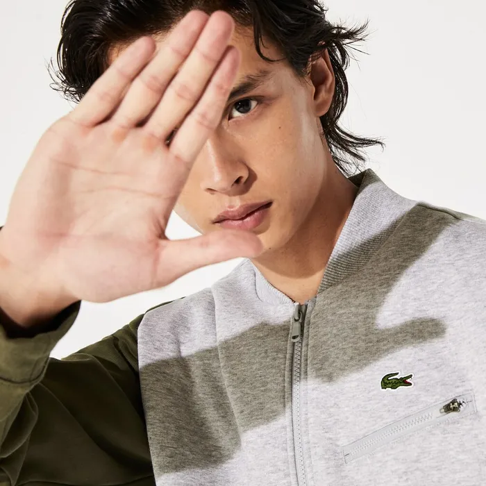 Sweatshirts Lacoste Mens SPORT ContrastSleeve Fleece Varsity Jacket Grey ChineKhaki GreenGrey Chine Shop Online