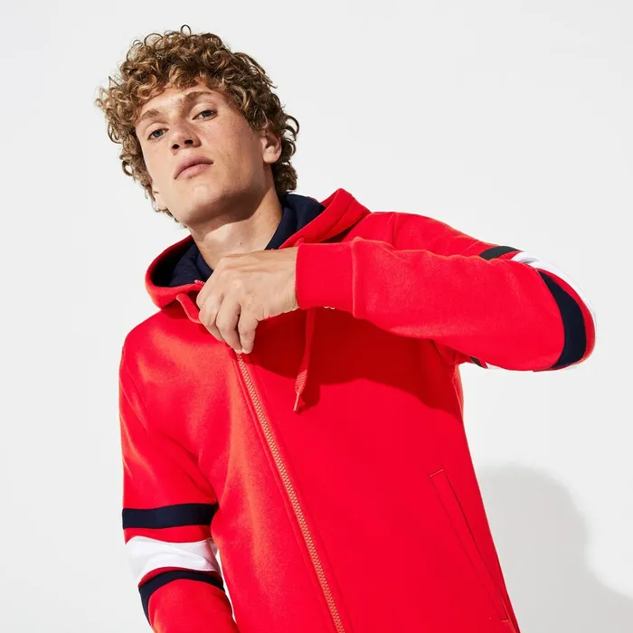 Sweatshirts Lacoste Mens SPORT StripedSleeve Hooded Zip Sweatshirt RedWhiteNavy Blue Outlet Factory Sweatshirts Lacoste Mens SPORT StripedSleeve Hooded Zip Sweatshirt RedWhiteNavy Blue Outlet Factory