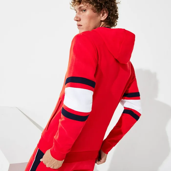 Sweatshirts Lacoste Mens SPORT StripedSleeve Hooded Zip Sweatshirt RedWhiteNavy Blue Outlet Factory