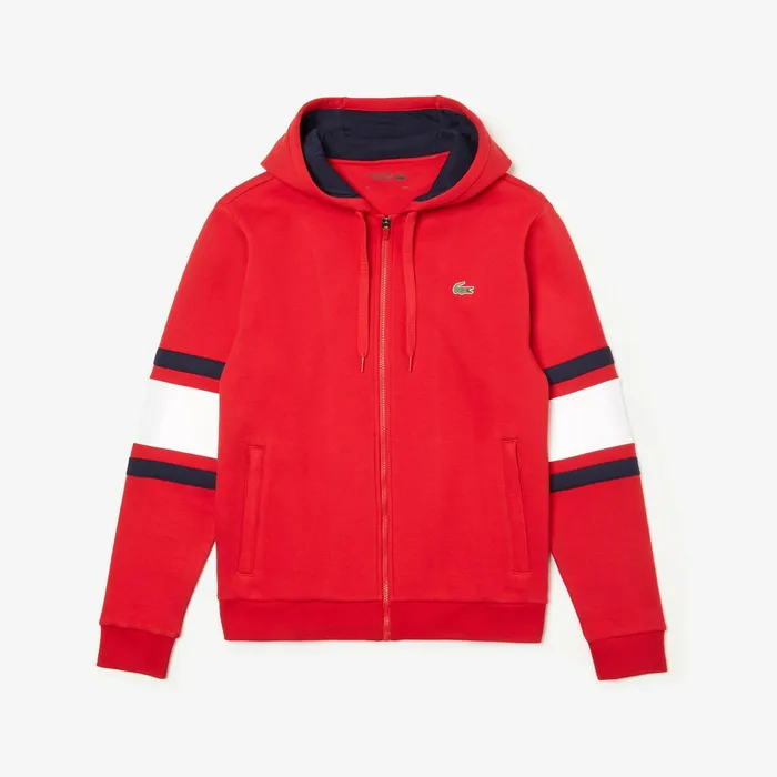 Sweatshirts Lacoste Mens SPORT StripedSleeve Hooded Zip Sweatshirt RedWhiteNavy Blue Outlet Factory