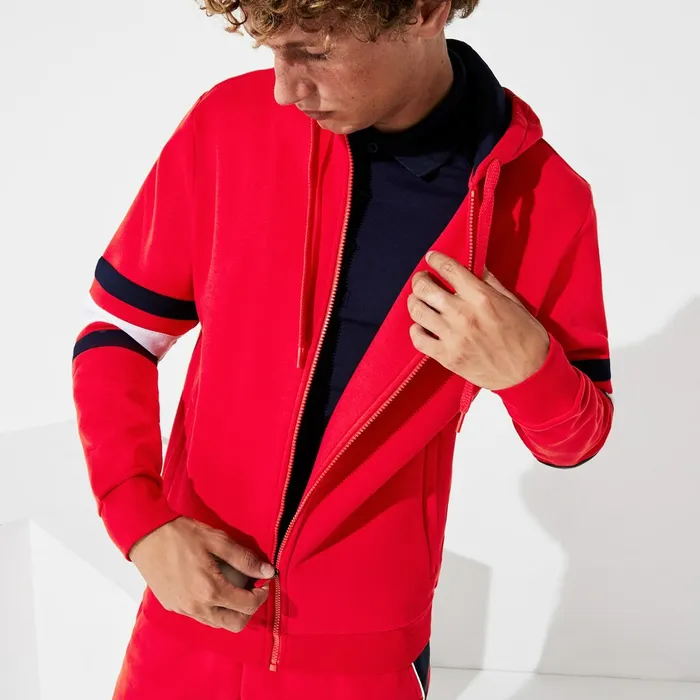 Sweatshirts Lacoste Mens SPORT StripedSleeve Hooded Zip Sweatshirt RedWhiteNavy Blue Outlet Factory