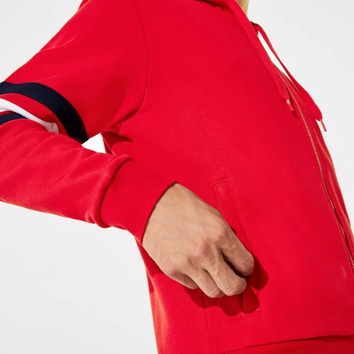 Sweatshirts Lacoste Mens SPORT StripedSleeve Hooded Zip Sweatshirt RedWhiteNavy Blue Outlet Factory