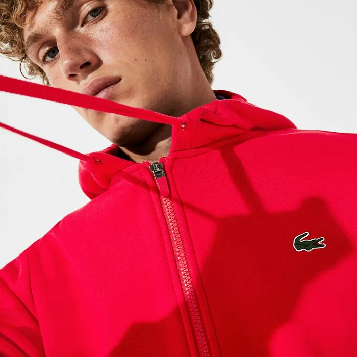 Sweatshirts Lacoste Mens SPORT StripedSleeve Hooded Zip Sweatshirt RedWhiteNavy Blue Outlet Factory