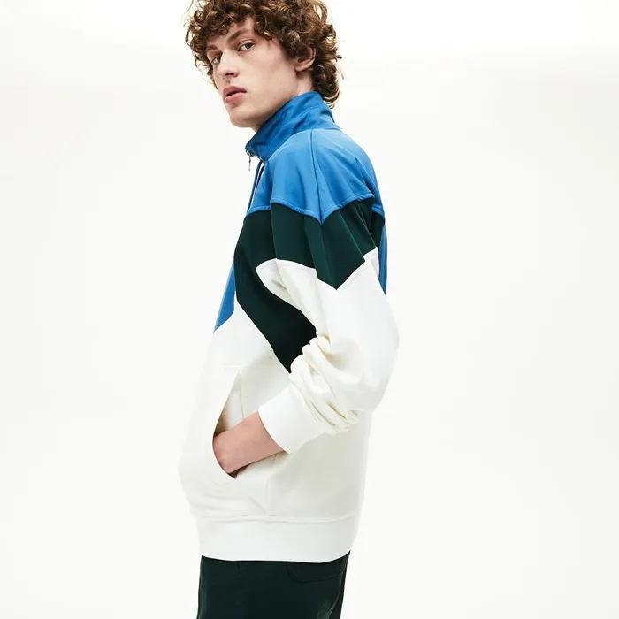 Sweatshirts Lacoste Mens Standup Collar ColorBlocked Cotton Fleece Jacket WhiteGreenBlue Outlet Factory