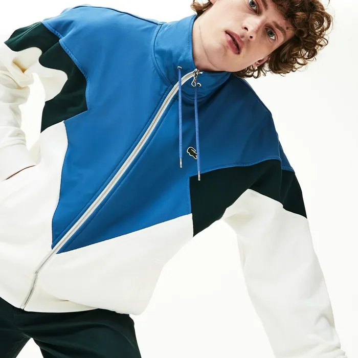 Sweatshirts Lacoste Mens Standup Collar ColorBlocked Cotton Fleece Jacket WhiteGreenBlue Outlet Factory