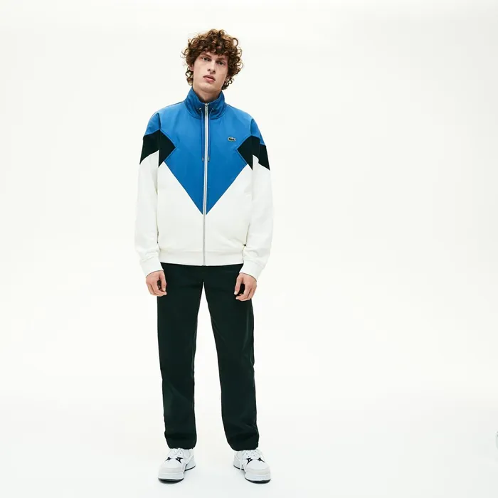 Sweatshirts Lacoste Mens Standup Collar ColorBlocked Cotton Fleece Jacket WhiteGreenBlue Outlet Factory