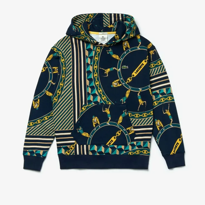 Sweatshirts Lacoste Mens Unisex LIVE ScarfPrint Hooded Sweatshirt Navy BlueWhite USA