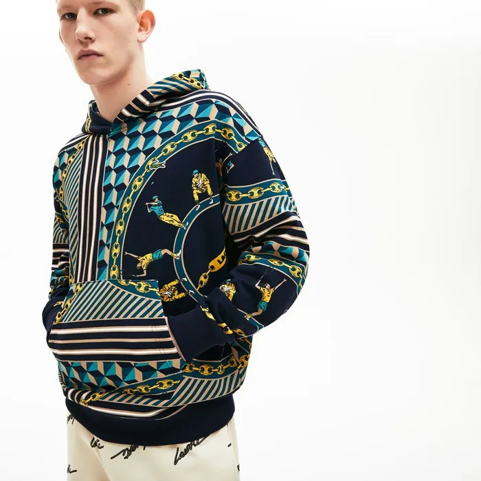 Sweatshirts Lacoste Mens Unisex LIVE ScarfPrint Hooded Sweatshirt Navy BlueWhite USA