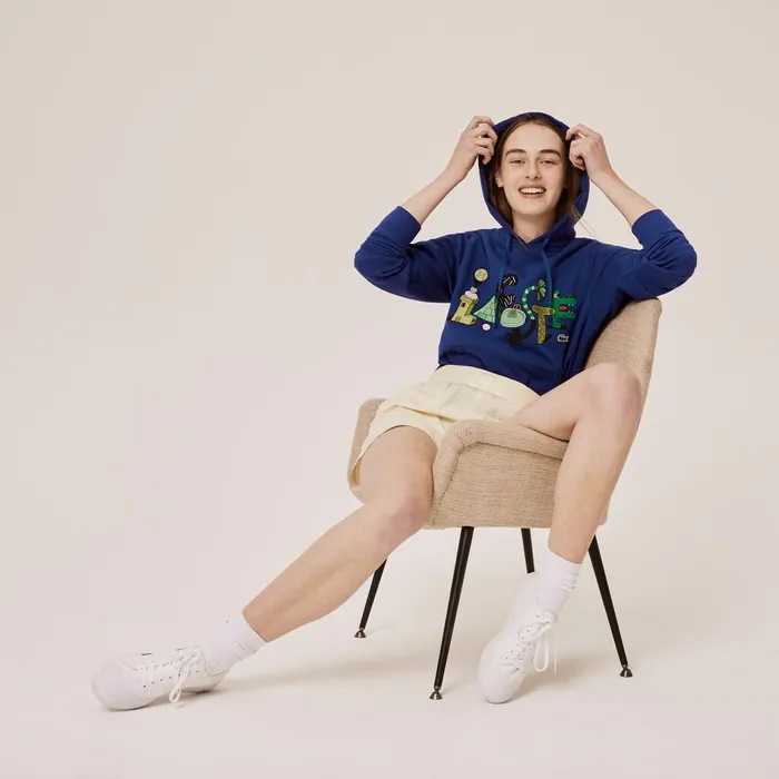 Sweatshirts Lacoste Mens Unisex x Jeremyville Print Hooded Sweatshirt Navy Blue Outlet