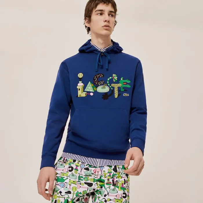 Sweatshirts Lacoste Mens Unisex x Jeremyville Print Hooded Sweatshirt Navy Blue Outlet