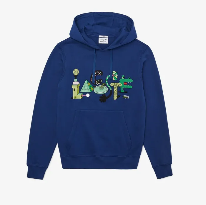 Sweatshirts Lacoste Mens Unisex x Jeremyville Print Hooded Sweatshirt Navy Blue Outlet