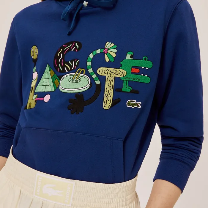 Sweatshirts Lacoste Mens Unisex x Jeremyville Print Hooded Sweatshirt Navy Blue Outlet
